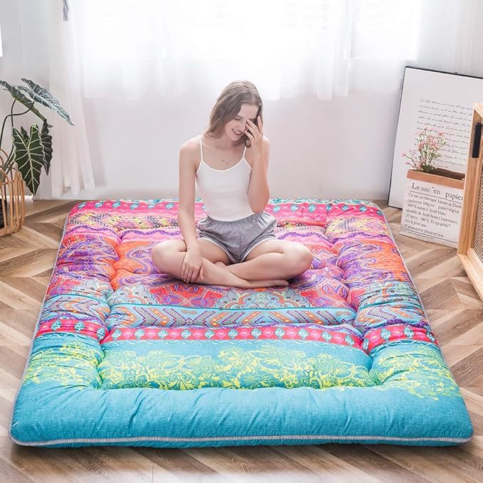 MAXYOYO Retro boho matras, Japanse vintage bloemenvloermat, rolbaar logeerbed, slaapbed en camping, draagbaar, tatami mat (Bohemian B, 135 x 190 cm)