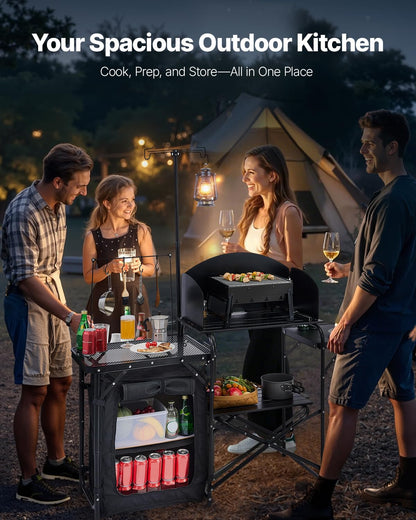 VEVOR Keukentafel voor camping buiten, aluminium, met opbergkast, draagtas, afneembare voorruit, geschikt voor barbecue, feest, picknick, reizen, camper, zwart