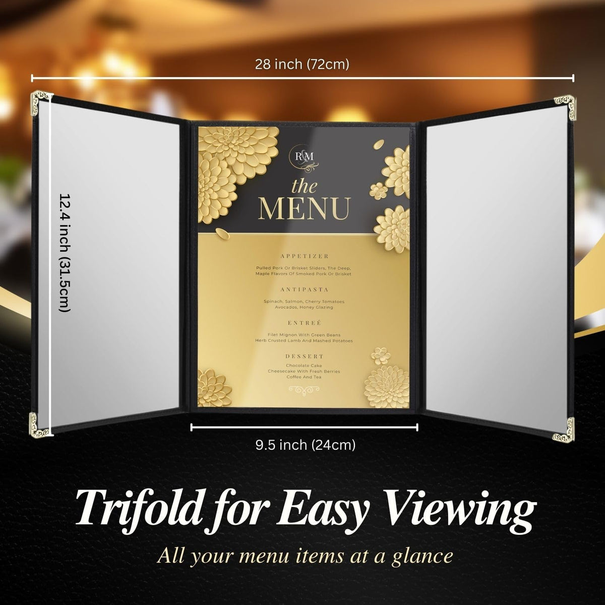 Flexzion Menuhouder 23,9 cm x 31,5 cm - Drievoudig gestikte menuhoezen met doorzichtig PVC, zwarte binding en gouden hoeken, drievoudig 3 pagina's 6 weergaven menuboek voor restaurant, café, bar en