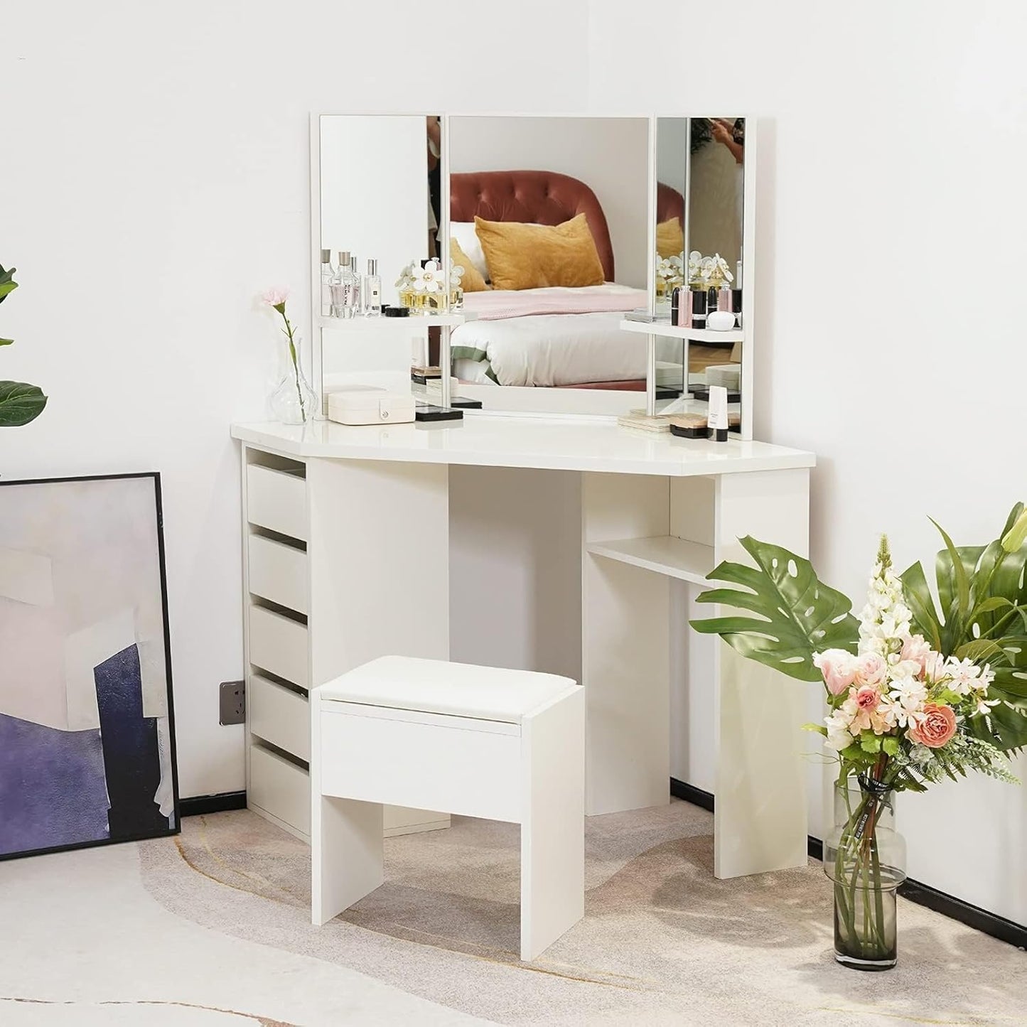 Witte Hoekkaptafel – Make-up Tafel – Ijdelheid Tafel – Dressing Bureau – Slaapkamer Meubel – Met 3 Spiegels – 5 Laden Opbergruimte