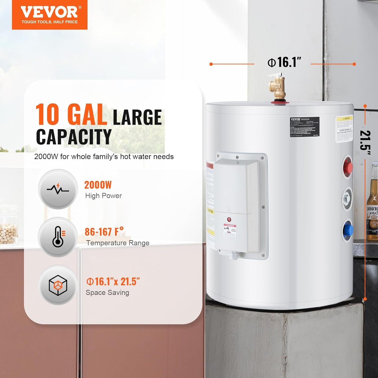 VEVOR Elektrische doorstroomboiler, 1,6 kW, doorstroomboiler met tank van 40 l, met led-display, bediening met knop, waterdichte zijaansluiting, IPX4 waterdichte zijaansluiting, on-demand verwarming
