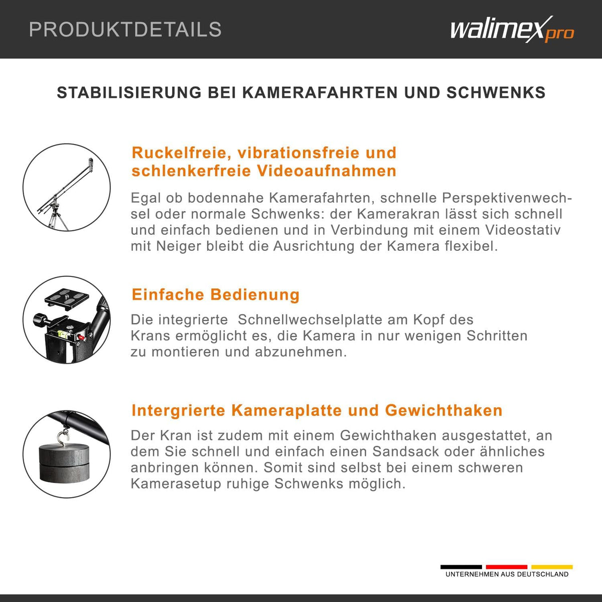 Camerakraan – Camera Jib, Jib Arm, Filmkraan, Boomarm – Incl. Contragewicht – Max. Lengte 200 Cm – Belastbaarheid Ca. 3 Kg