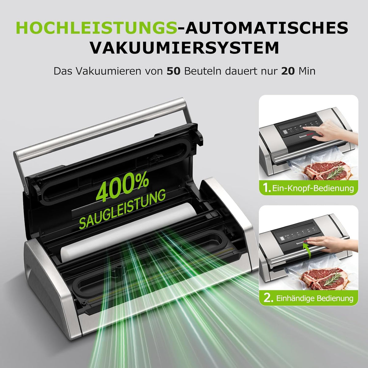 Bonsenkitchen Vacuümmachine, 15 l/min, met zakclip, greepvergrendeling en geïntegreerde snijder, voor vacuüm koken en bereiden van levensmiddelen, snelle afdichting met hoge prestaties, VS5100