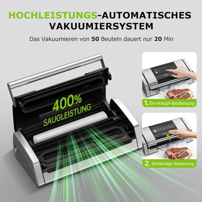 Bonsenkitchen Vacuümmachine, 15 l/min, met zakclip, greepvergrendeling en geïntegreerde snijder, voor vacuüm koken en bereiden van levensmiddelen, snelle afdichting met hoge prestaties, VS5100