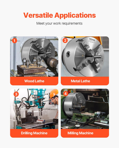 VEVOR 4 Jaws, 200 mm, Self-Centering Drill Chuck with 1 1/2"-8 Thread Support Plate, 4-200 mm Clamping Range with T-Wrench Screws, HT300 Material, for Wood Metal Lathe