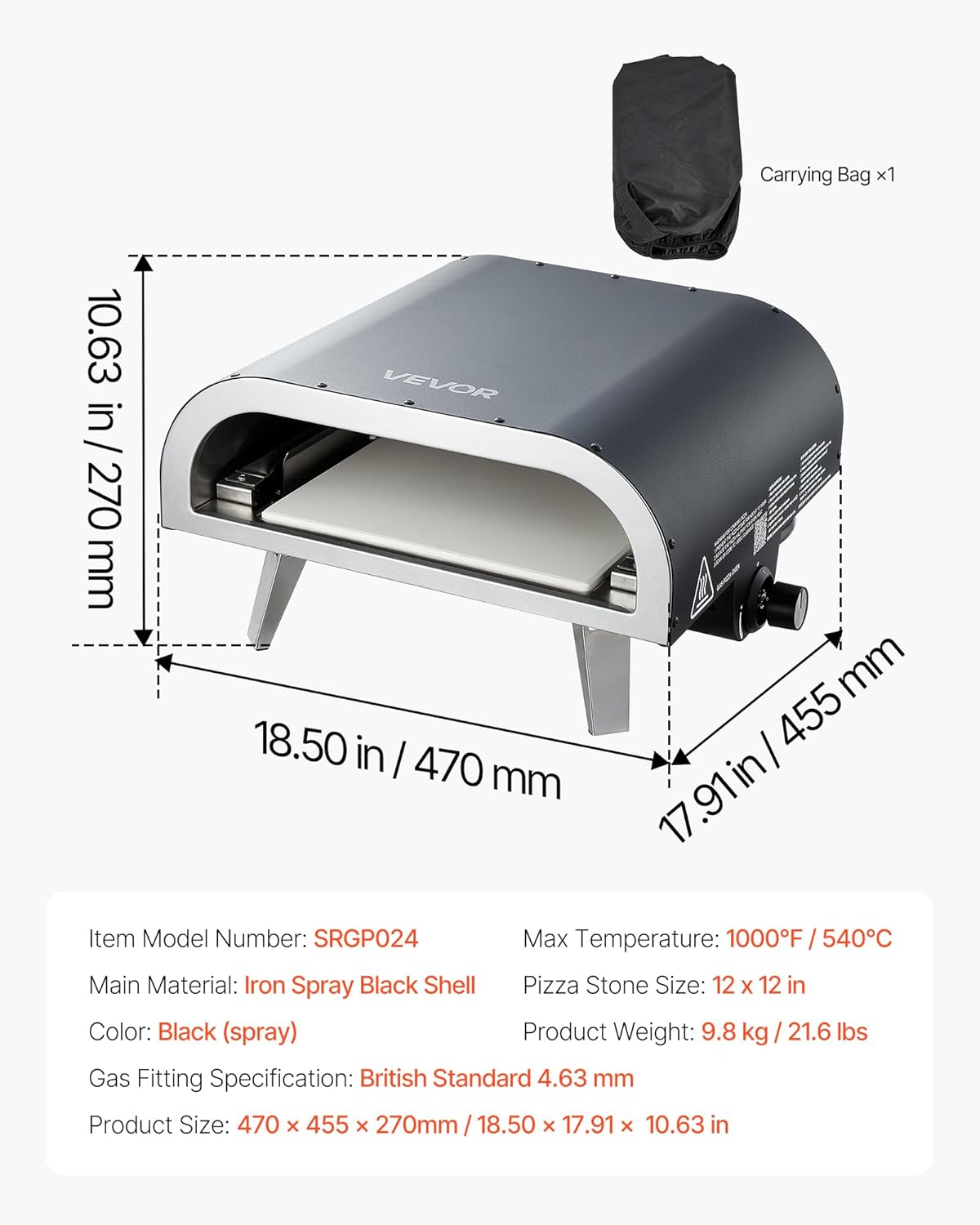 VEVOR Draagbare pizzaoven voor buiten, gasoven, 30,5 cm, propaanoven met inklapbare poten voor camping, buiten, met sproeiapparaat van ijzer, voor terras en tuin, zwart