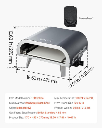 VEVOR Draagbare pizzaoven voor buiten, gasoven, 30,5 cm, propaanoven met inklapbare poten voor camping, buiten, met sproeiapparaat van ijzer, voor terras en tuin, zwart