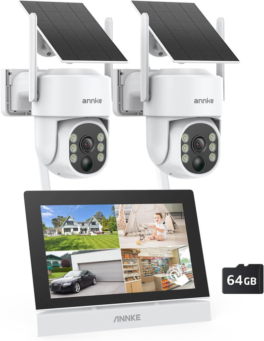 ANNKE beveiligingscamera buiten set met 4CH 17,8 cm monitor, 2X 4MP PT beveiligingscamera buiten accu zonne-energie, 270° draaien, 90° kantelen, 2-weg audio, kleurnachtzicht, persoondetectie, 64GB