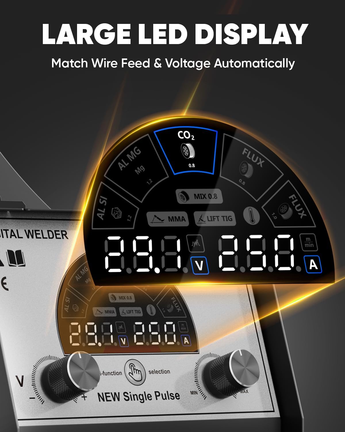H HZXVOGEN 250A Aluminiumlasapparaat, 230V 5-in-1 professioneel lasapparaat met gas-/gevuld draad MIG/BOOG/TIG/pulslassen, IGBT-inverterlasapparaat met LED-display, MIG250DP