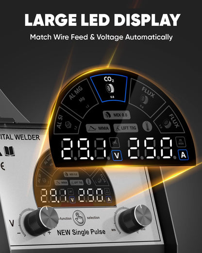 H HZXVOGEN 250A Aluminiumlasapparaat, 230V 5-in-1 professioneel lasapparaat met gas-/gevuld draad MIG/BOOG/TIG/pulslassen, IGBT-inverterlasapparaat met LED-display, MIG250DP