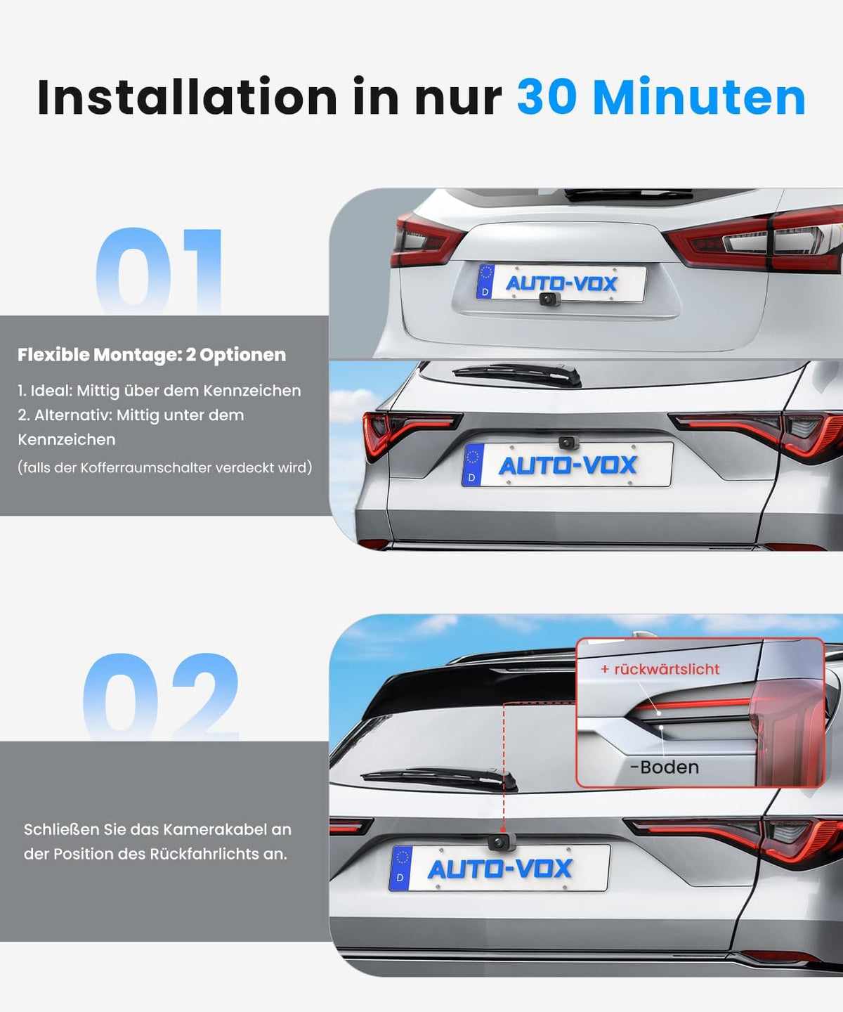 AUTO-VOX Draadloze achteruitrijcamera: 4,8 inch HD 1080P nachtzicht IP69K waterdicht eenvoudige montage achteruitrijcamera voor auto, vrachtwagen, camper, signaal