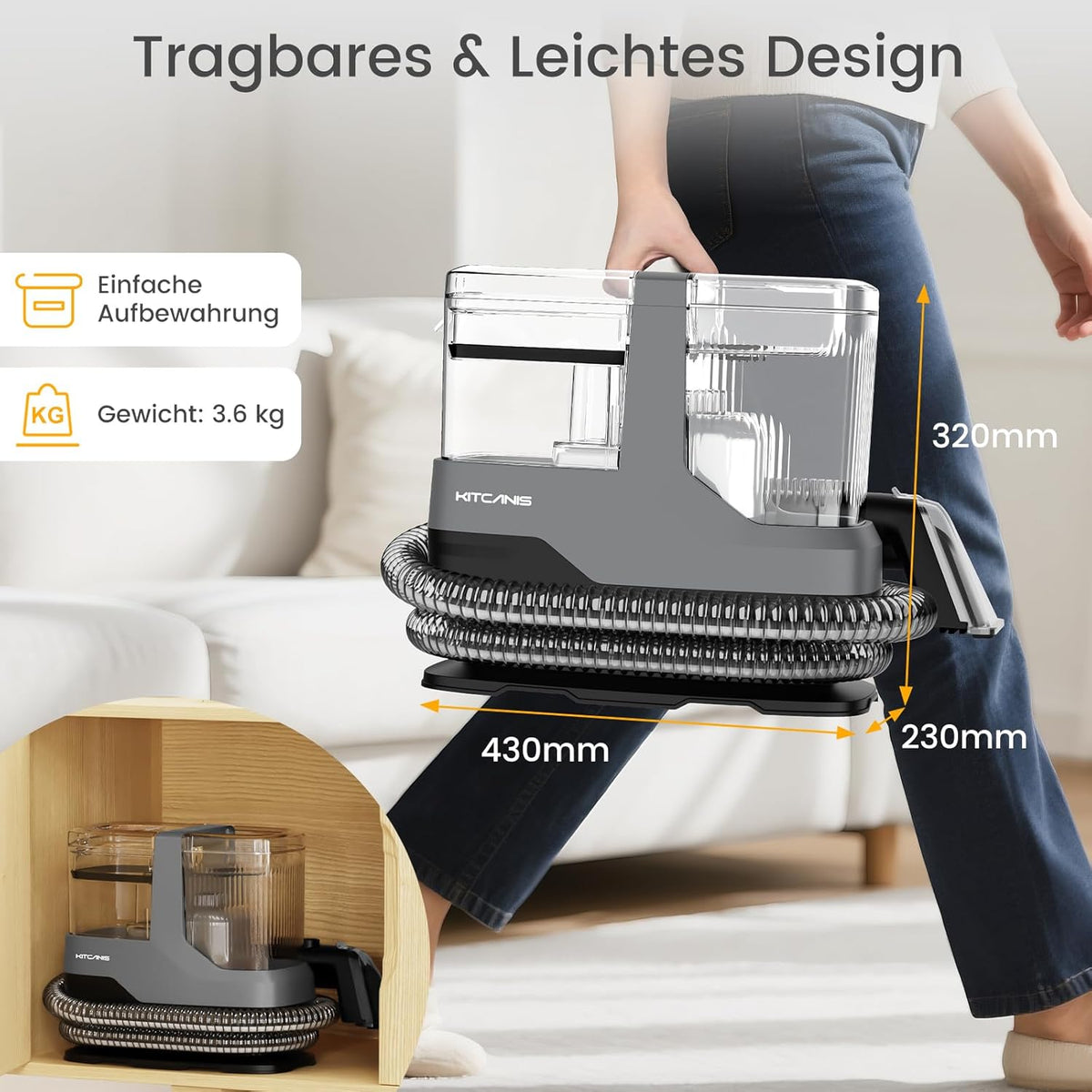 Gestoffeerde Reiniger – Natzuiger – Waszuiger – Kussenreiniger – Tapijtreiniger – 600 W Vermogen – Stil Met 78 dB Geluidsniveau