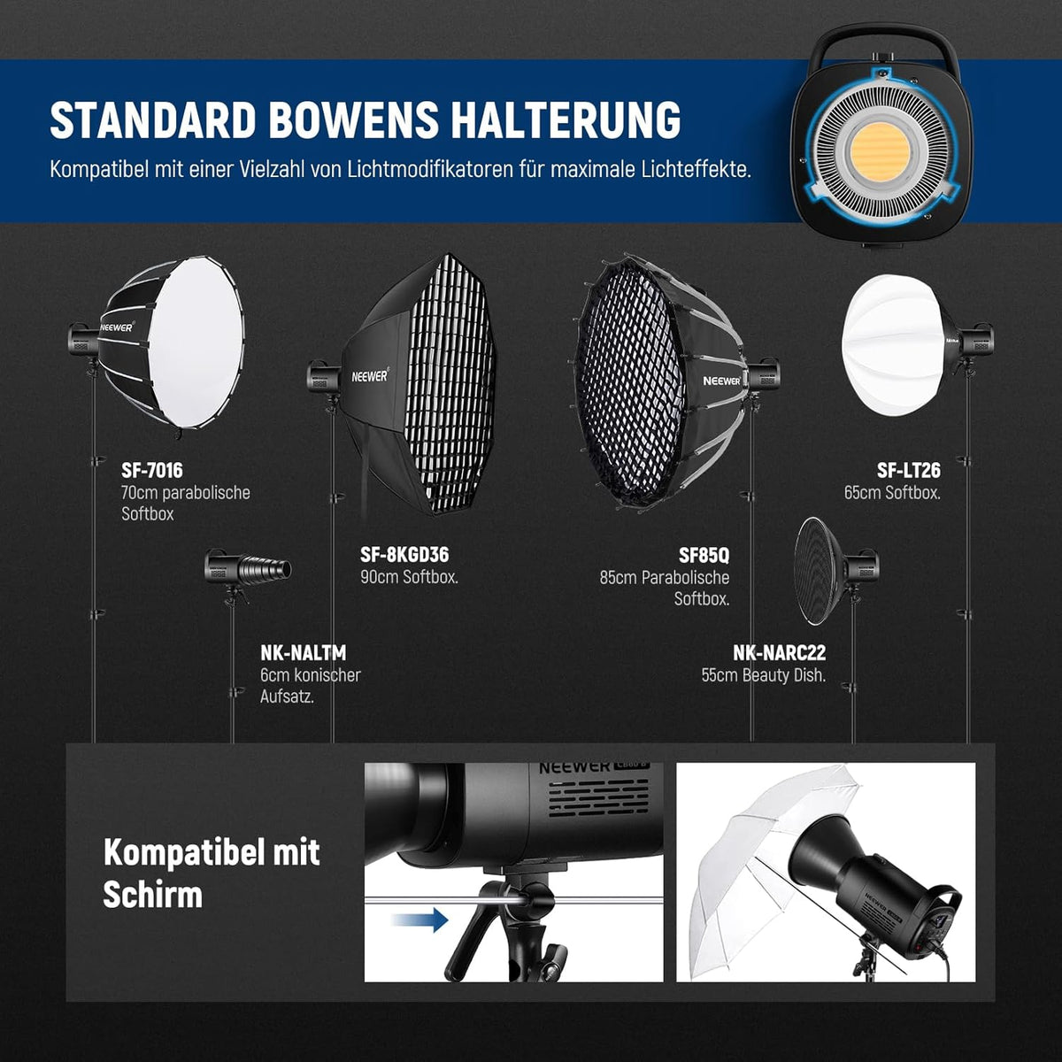 NEEWER CB60B 70W LED videolamp studiolicht 2,4G/APP bediening, COB Bi-Color Studio continu licht 2700K-6500K 34000Lux@1m/CCT modus/CRI97+/12 scènes Bowens houder voor fotografie videoverlichting