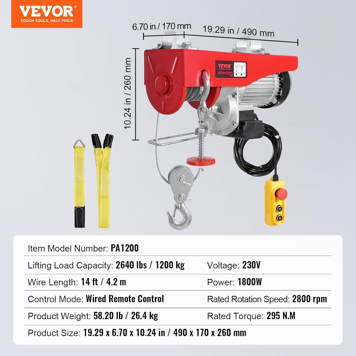 VEVOR Elektrische katrol met dubbele kabel, max. belasting 1200 kg, kabelafstandsbediening 4,2 m, hefhoogte enkele kabel 12 m, katrol noodstop, hefbrug voor garage, magazijn, fabriek