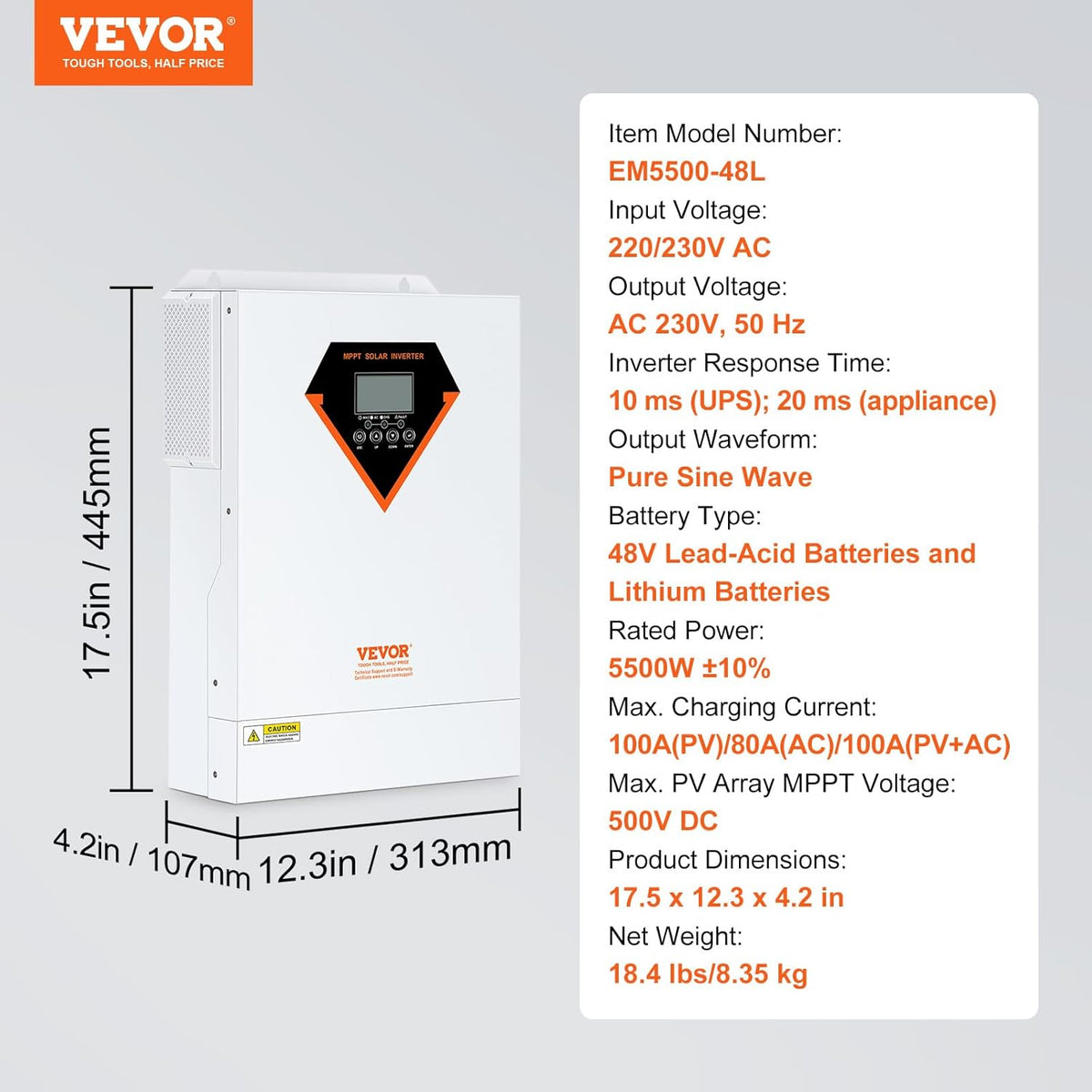 VEVOR Hybride omvormer, 5500 W, zonne-omvormer, hybride, off-grid, zuivere sinusgolf, 230 V, AC met geïntegreerde zonne-laadregelaar MPPT 100 A, hybride opladen, nut, zonne-energie