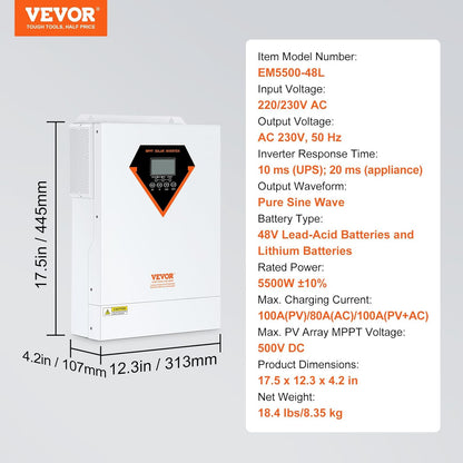 VEVOR Hybride omvormer, 5500 W, zonne-omvormer, hybride, off-grid, zuivere sinusgolf, 230 V, AC met geïntegreerde zonne-laadregelaar MPPT 100 A, hybride opladen, nut, zonne-energie