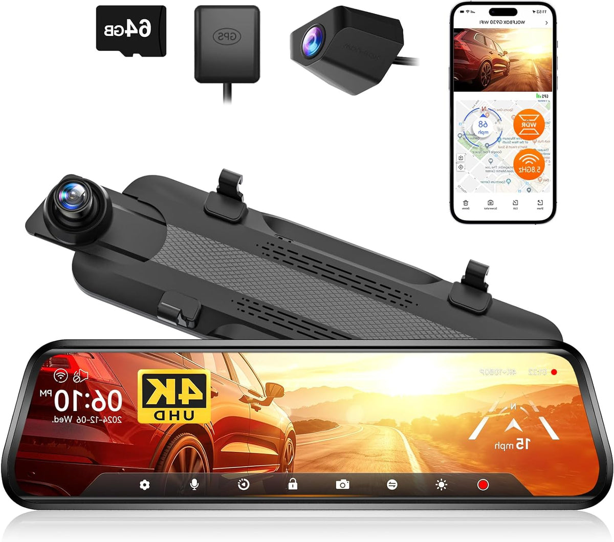 Achteruitkijkspiegelcamera – Dashcam Auto – Spiegelcamera – Achteruitrijcamera – 4K Voor- en Achtercamera – 10 Inch Touchscreen – Parkeerbewaking & GPS Tracking - QUORE