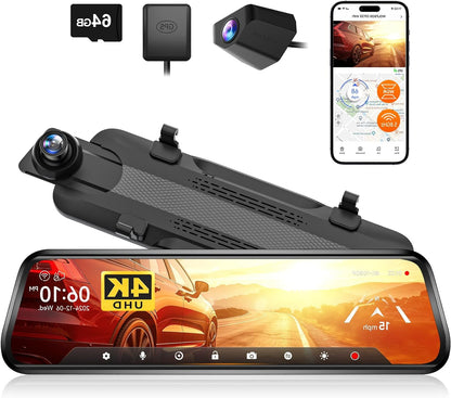 Achteruitkijkspiegelcamera – Dashcam Auto – Spiegelcamera – Achteruitrijcamera – 4K Voor- en Achtercamera – 10 Inch Touchscreen – Parkeerbewaking & GPS Tracking - QUORE