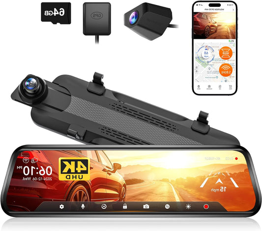 Achteruitkijkspiegelcamera – Dashcam Auto – Spiegelcamera – Achteruitrijcamera – 4K Voor- en Achtercamera – 10 Inch Touchscreen – Parkeerbewaking & GPS Tracking - QUORE