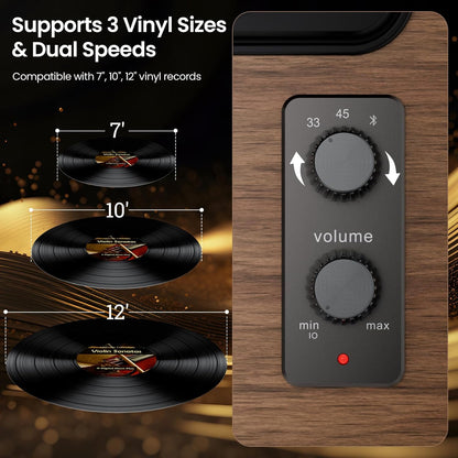 Bluetooth Vinyl Platenspeler,HiFi-draaitafel met Magnetische Cartridge AT-3600L (MM),Phono-Voorversterker,33/45RPM Riemaandrijving 2-snelheden,AUX-in (Classic)