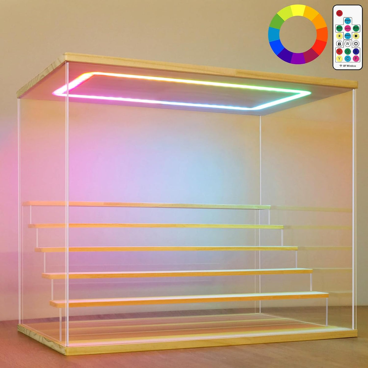 Nonemey Transparante Acryl Vitrinestandaard met Kleurrijk Led Licht,3/4/5/6 Lagen Vitrinekast Stofdichte Organisator Acryl Doos voor Verzamelobjecten Figurines (Hout, 6Tier-49*30*40 cm)
