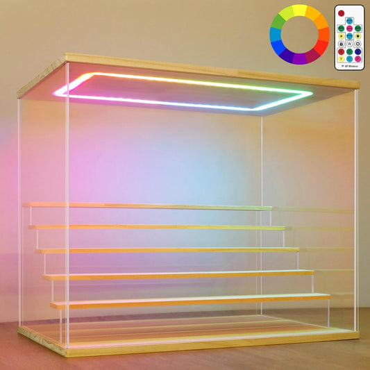 Nonemey Transparante Acryl Vitrinestandaard met Kleurrijk Led Licht,3/4/5/6 Lagen Vitrinekast Stofdichte Organisator Acryl Doos voor Verzamelobjecten Figurines (Hout, 6Tier-49*30*40 cm)