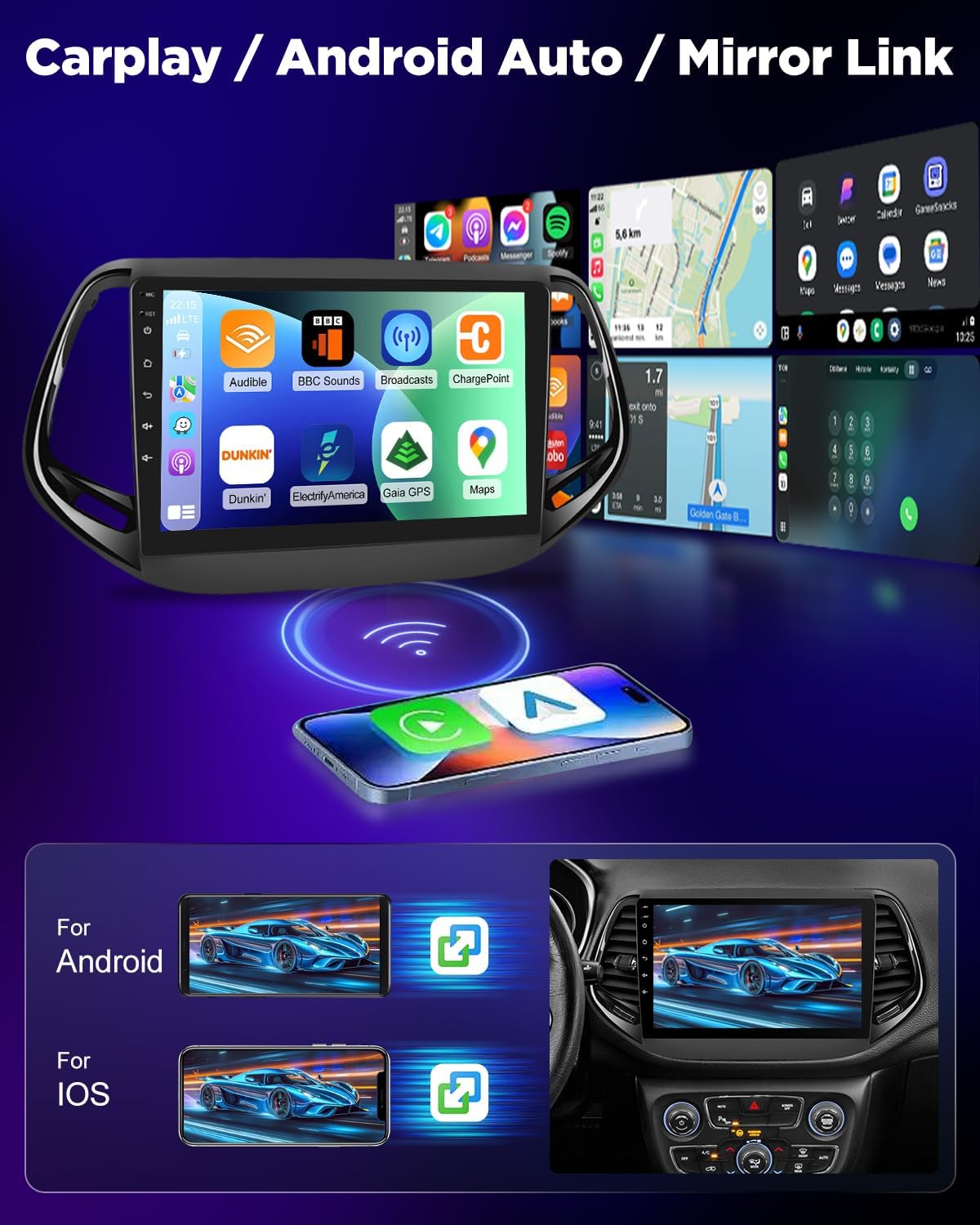 NHOPEEW 8 Core 6+128G Android autoradio voor Jeep Compass 2017-2019 met Wireless Carplay & Android Auto DSP WiFi GPS stuurbediening 360°-panoramisch zicht