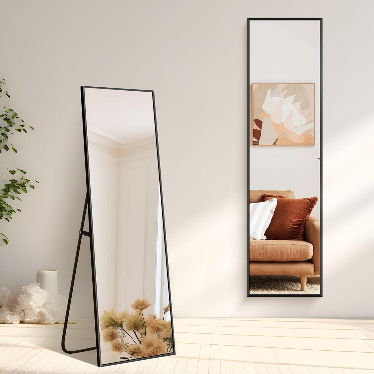 Rechthoekige full-body spiegel, 150 x 40 cm, staande spiegel met zwart aluminium frame, grote wandspiegel, vloerspiegel voor slaapkamer, entree, hal, woondecoratie