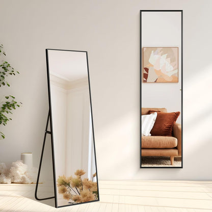 Rechthoekige full-body spiegel, 150 x 40 cm, staande spiegel met zwart aluminium frame, grote wandspiegel, vloerspiegel voor slaapkamer, entree, hal, woondecoratie
