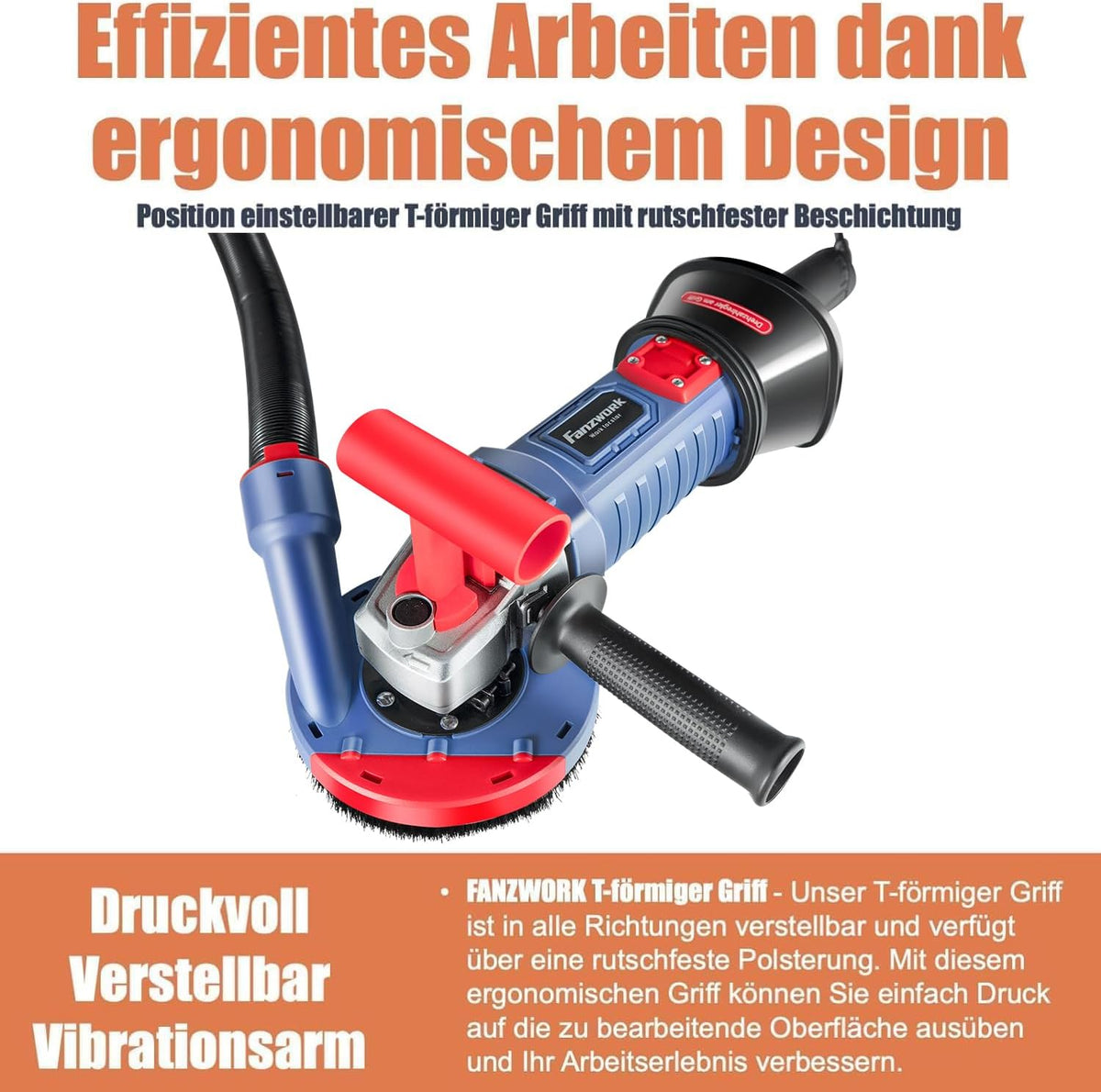 FANZTOOL Betonschuurmachine, 1500 W, instelbare snelheid, met diamantkop 125 mm, zuigkap en T-greep, ideaal voor beton en tegellijm