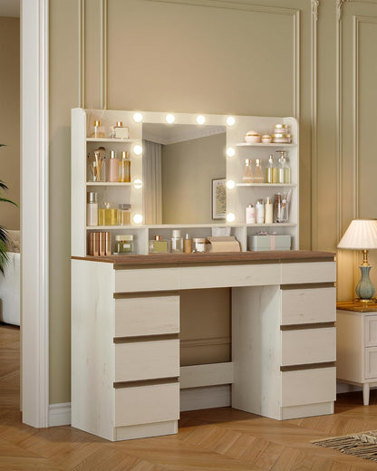 Hzuaneri Large Dressing Table with LED Lighting, 10 LED Light Globes, 3 Colours, Adjustable Brightness, Dressing Table with Mirror, 9 Drawers, 9 Open Shelves, Modern Style, White-Brown DT35714X