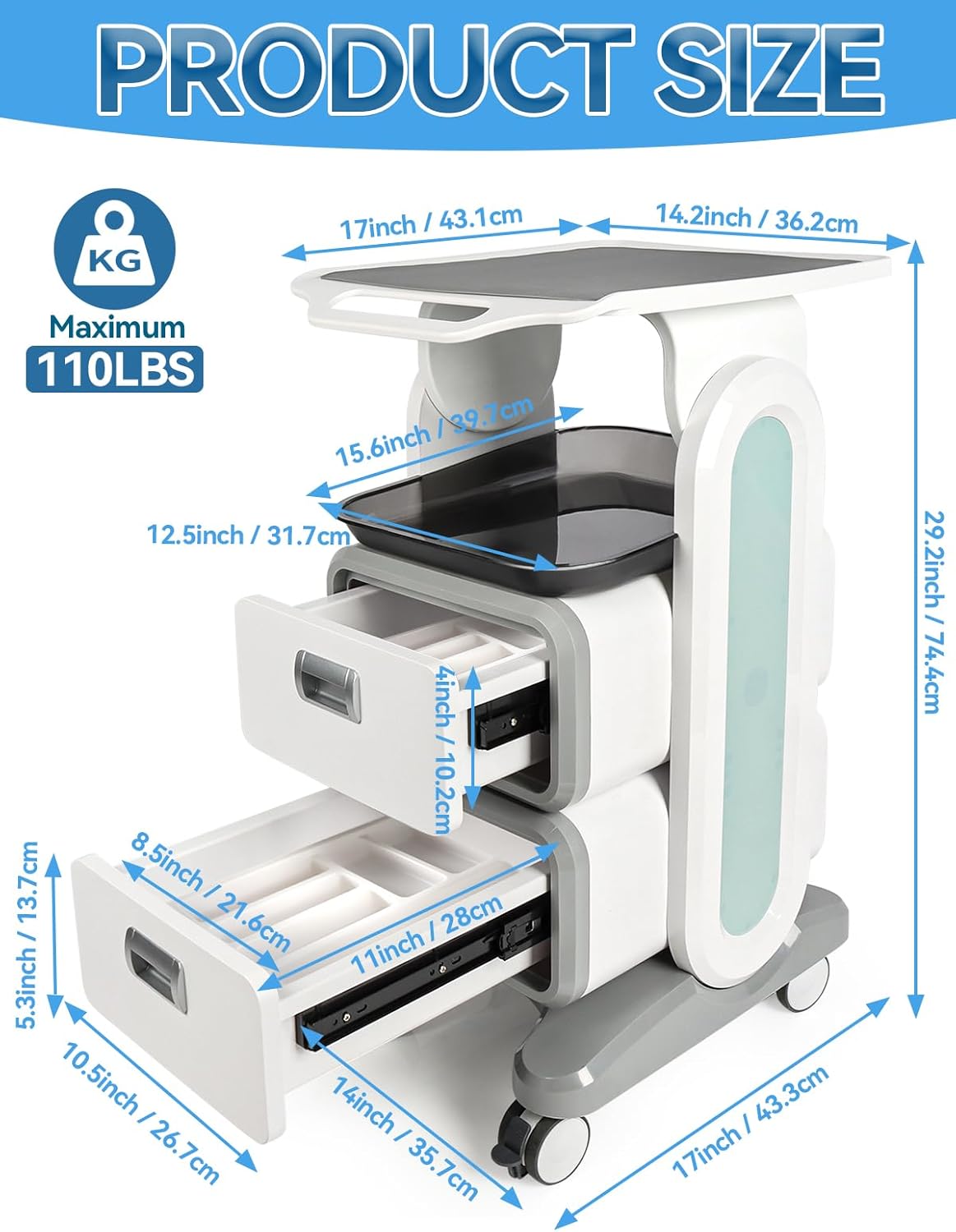 EBANKU Medical Trolley Cart with 2 Drawers, ABS Professional Rolling Cart with Non-Slip Pads Tray, Med Cart Mobile Trolley Cart for Hospital Clinic, Beauty Salon, Spa, Office, Bedroom - QUORE