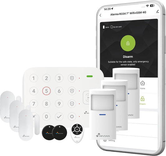 Nivian Draadloze alarmsysteem voor thuis zonder kosten – complete set met bewegingssensor, deursensor, afstandsbediening en RFID-kaarten – intelligent alarm met app, anti-abotage, premium set