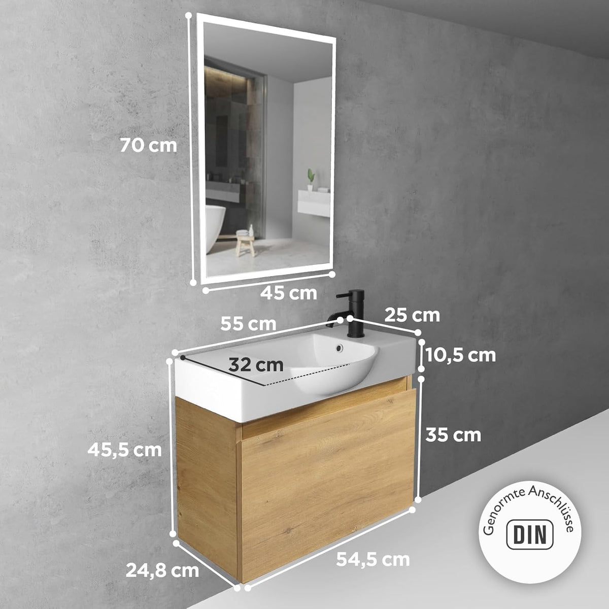Alpenberger Bathroom Furniture Set with Washbasin, Hanging Bathroom Cabinet, Sink with Base Cabinet, Bathroom Cabinet with Mirror, Bathroom Cabinet for Small Bathrooms + Guest Toilet, Basin Cabinet - QUORE