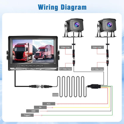 Achteruitrijcamerasysteem met dubbele camera, video-opname, 9 inch lcd-monitor DVR, IP69 waterdicht, full-colour nachtzicht, autocamera met 2 x 10 m kabel voor aanhanger, vrachtwagen, bus