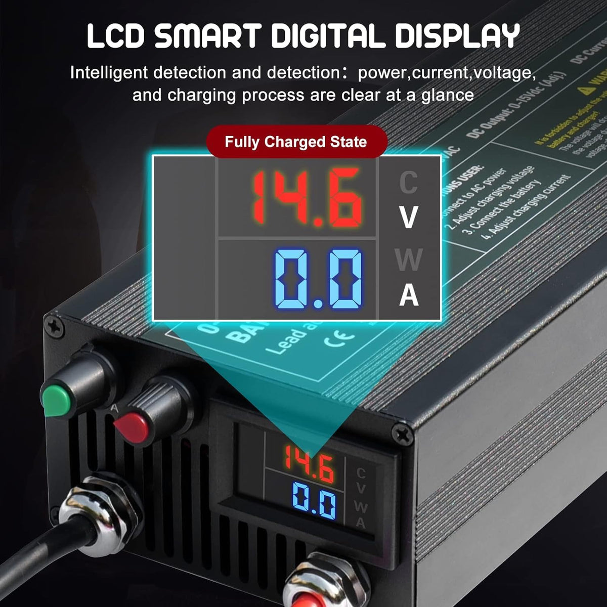14,6V 60A LiFePO4 Acculader – Batterijlader – Accu Lader – Lithium Batterijlader – Snel Oplader – Instelbaar 0-15V/0-60A – Veilig Met Aluminium Behuizing – LCD Display Met Laadstatus