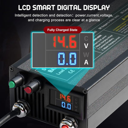 14,6V 60A LiFePO4 Acculader – Batterijlader – Accu Lader – Lithium Batterijlader – Snel Oplader – Instelbaar 0-15V/0-60A – Veilig Met Aluminium Behuizing – LCD Display Met Laadstatus