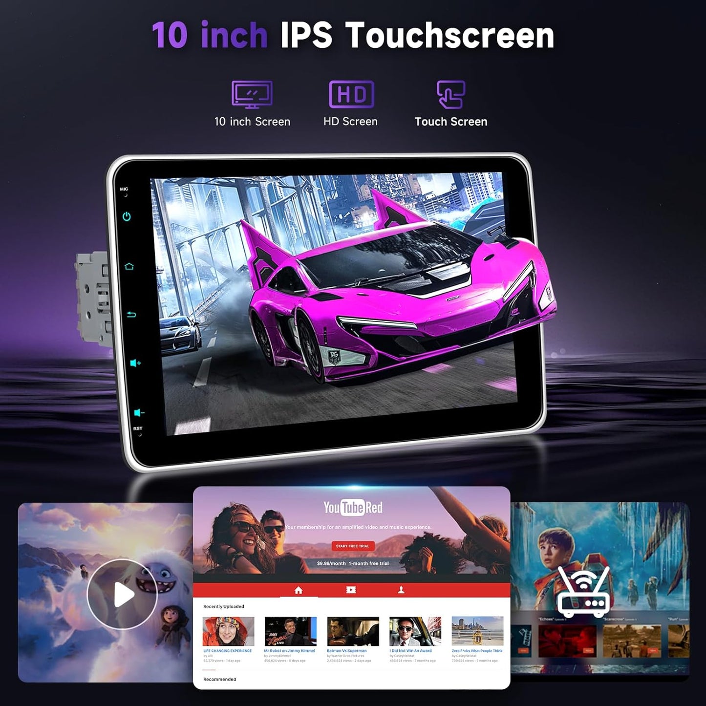 Hodozzy Car radio 1 Din with twisted 10.1 inch touch screen, car radio 1 Din with wireless CarPlay/Android car/mirror link, MP5 player with Bluetooth, radio FM, HD online video, EQ, USB/type C + - QUORE