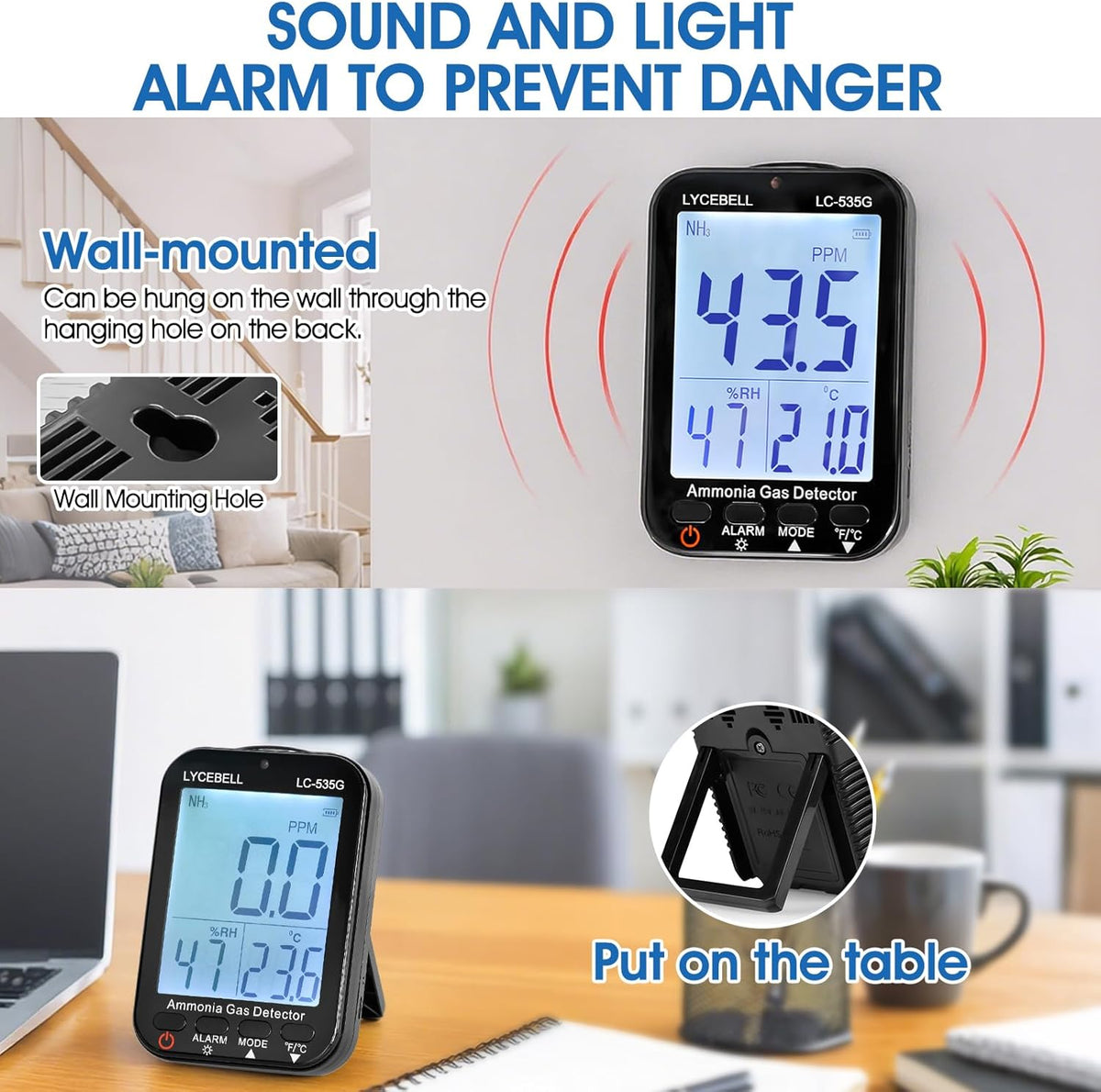 535G Ammoniak-gasdetector, NH3-monitor, 0-100 ppm, met dubbel alarm, oplaadbare draagbare gaslekdetector voor boerderijen, industrie, huis, temperatuur- en vochtigheidsweergave