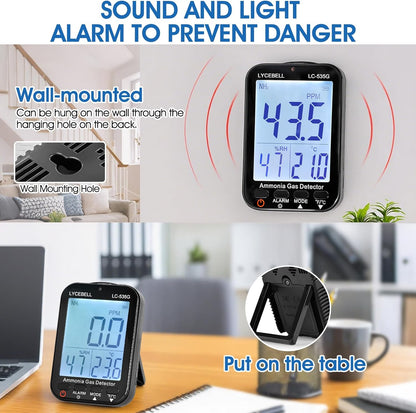 535G Ammoniak-gasdetector, NH3-monitor, 0-100 ppm, met dubbel alarm, oplaadbare draagbare gaslekdetector voor boerderijen, industrie, huis, temperatuur- en vochtigheidsweergave