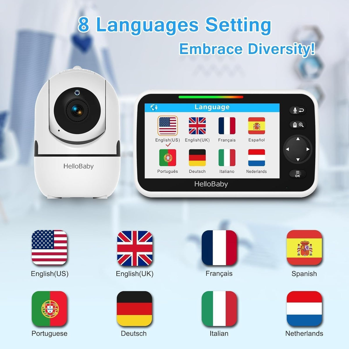 HelloBaby Babyfoon met Camera en Nachtzicht, 5 '' Display met 30 uur Batterij, Pan-Tilt-Zoom Video Babyfoon Geen WiFi, 2-Weg Gesprek, Temperatuur, 8 Slaapliedjes en 300 m Bereik