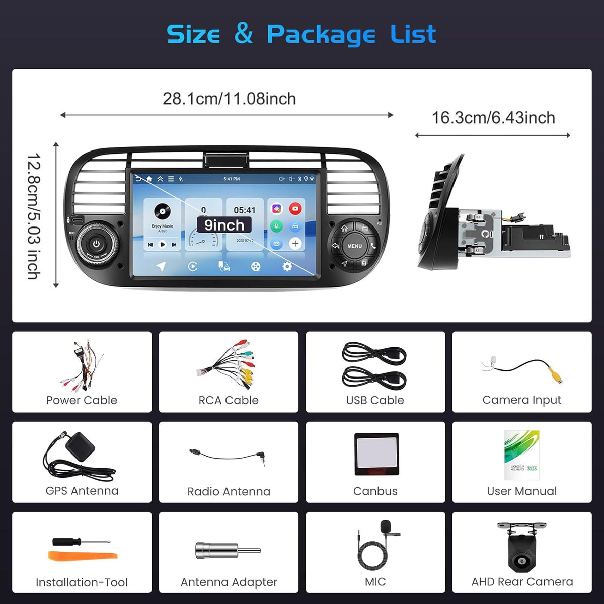 4+128G autoradio voor Fiat 500 2007-2015, Android 15 met 7-inch In-Cell scherm, ondersteunt draadloze CarPlay en Android Auto, Mirror Link, FM/RDS-radio, GPS, wifi, Bluetooth en SWC.