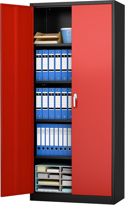 Metalen opbergkast met 2 deuren en 4 verstelbare planken, 180 cm hoge stalen kast voor magazijn, garage, huis, kantoor, eenvoudig te monteren vereist (zwart/rood)
