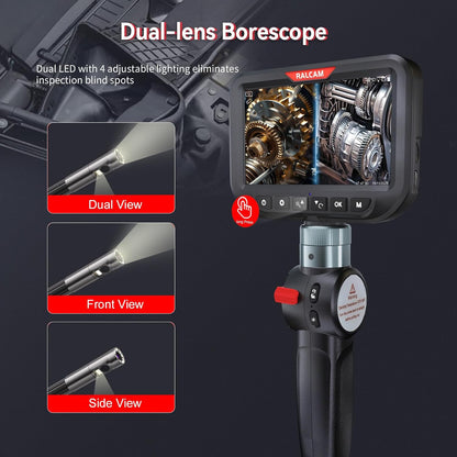 Ralcam Endoscoopcamera met licht, endoscoopcamera met 180° beweegbare kop, 8,5 mm dual-sonde, 5 inch HD-display, inspectiecamera, IP67 waterdicht, buiscamera met 3M halfharde kabel en 6+1 leds