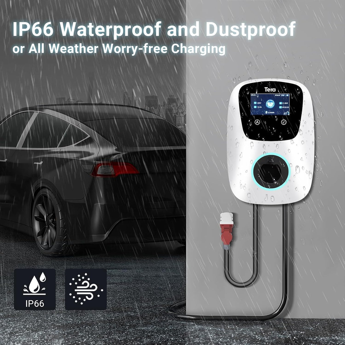 Tera Smart EV oplader type 2 Wallbox met app, 11 kW, 16 A, 400 V, CE & TÜV met wifi en bluetooth, 7 m laadkabel met opladerhouder, thuis, Wallbox CEE, 3-fasen stekker voor EVs & PHEV W01, wit