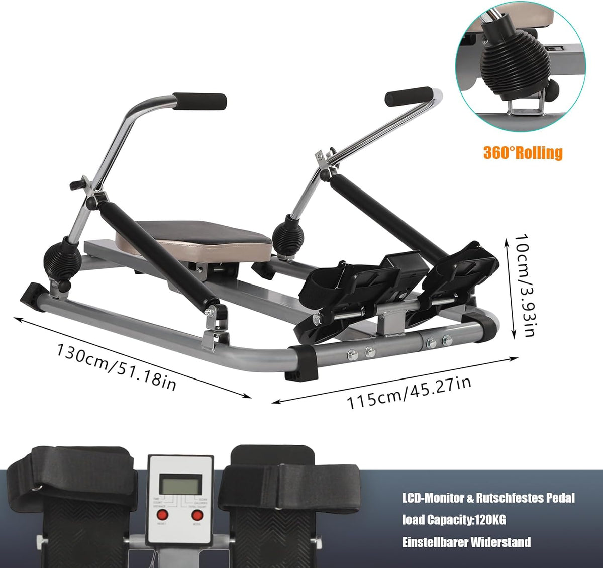 Home Rowing Machine, Double Paddle, Rower with LED Display, Quiet, Hydraulic Resistance, up to 120 kg, Rowing Machine, Full Body Training, Simulates Real Rowing - QUORE