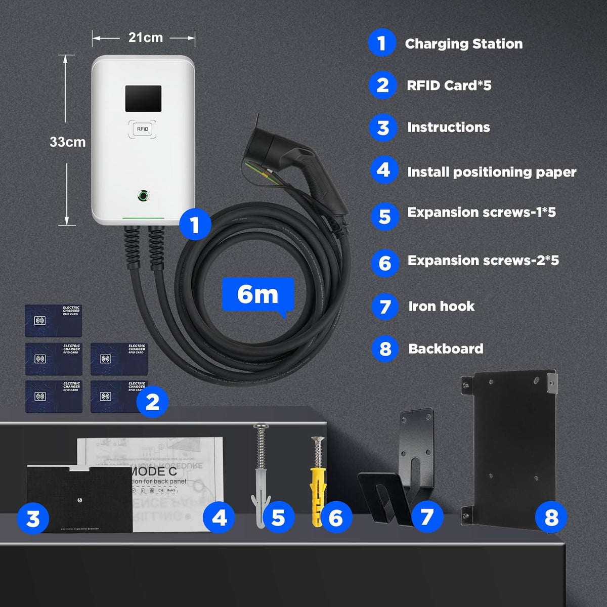 Morec ev oplader type 2 7kW 32A eenfasig met RFID ev laadstation IEC 62196-2 standaardstekker