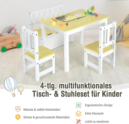 FANTASK 4-delig kinderzitgarnituur met opbergruimte, kindertafel van grenenhout met 2 stoelen & zitbank, natuurlijke kleur