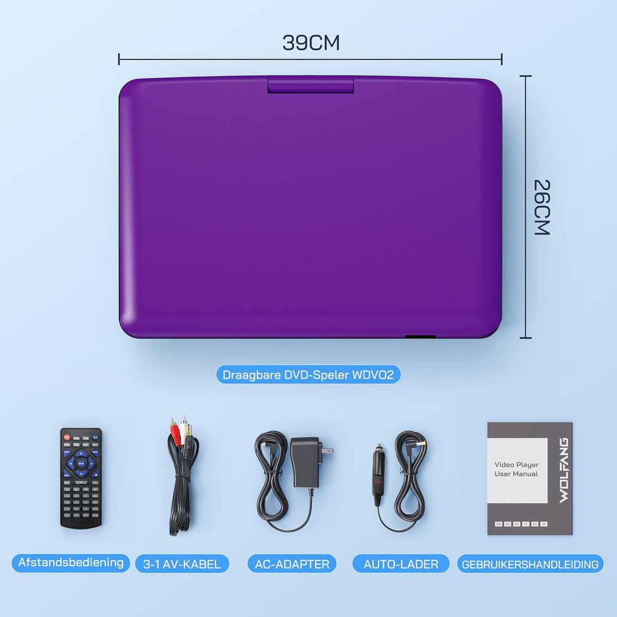 WOLFANG Draagbare dvd-speler met 15,6 inch groot HD-display, 5000 mAh batterij, geen regionale beperking, twee stereoluidsprekers, ondersteunt USB/SD-kaart/sync-tv/projector, lila