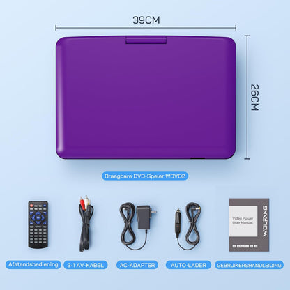 WOLFANG Draagbare dvd-speler met 15,6 inch groot HD-display, 5000 mAh batterij, geen regionale beperking, twee stereoluidsprekers, ondersteunt USB/SD-kaart/sync-tv/projector, lila